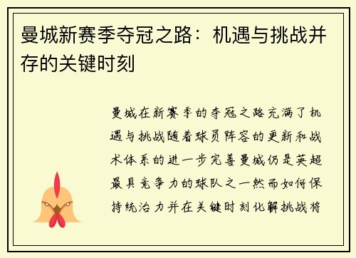曼城新赛季夺冠之路：机遇与挑战并存的关键时刻
