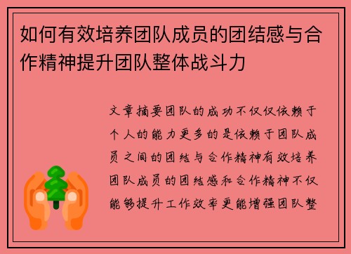 如何有效培养团队成员的团结感与合作精神提升团队整体战斗力