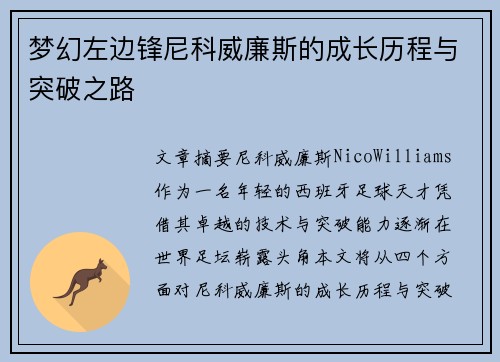 梦幻左边锋尼科威廉斯的成长历程与突破之路